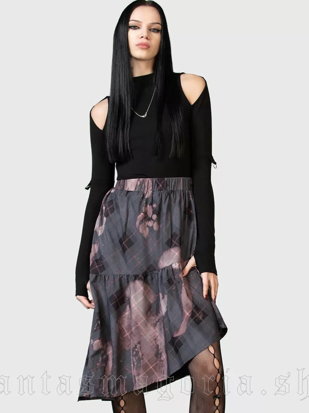 Killstar Tiered Midi Skirt - Black & Dusty Rose NWT